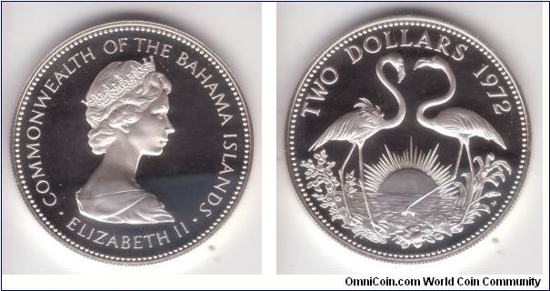 KM-23, 1972 Bahamas 2 dollars; proof looks perfect; strong cameo and 2 beautiful flamingos; no wonder people love them; forgot to mention that this masterpieces was created at Franklin mint.