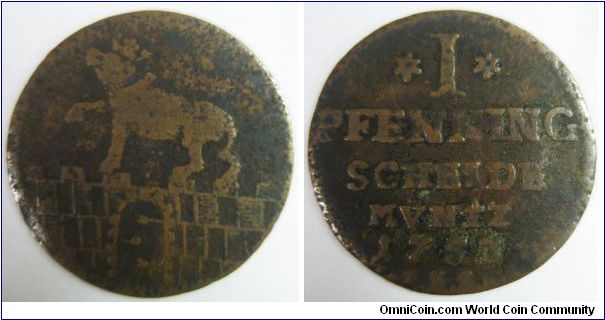 German States - Anhalt-Bernburg, Duchy Regular Coinage, Viktor II Friedrich (1721-1765), Pfennig, 1753 IHS. Copper. Obverse: Crowned bear walking left on wall. Reverse: Value above legend and date. VG.