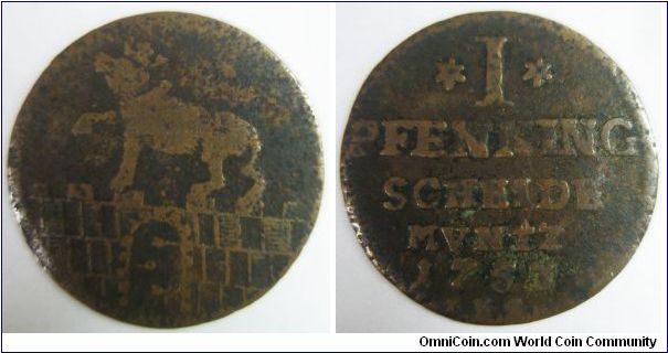 German States - Anhalt-Bernburg, Duchy Regular Coinage, Viktor II Friedrich (1721-1765), Pfennig, 1753 IHS. Copper. Obverse: Crowned bear walking left on wall. Reverse: Value above legend and date. VG.