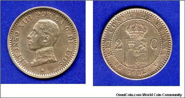 2 centimos.
Alfonso XIII (1885-1931).
Profile on the left.
'V'- Valencia mint.


Cu.