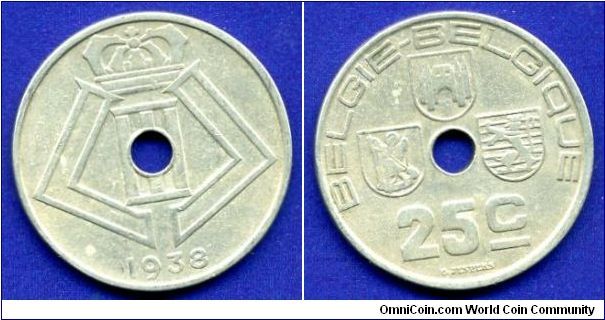 25 cents.
*BELGIE-BELGIQUE*.
Leopold III (1934-1951).


Cu-Ni.