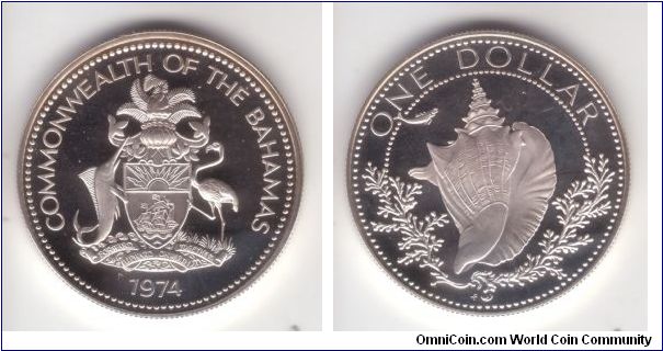 KM-65a, 1974 Bahamas dollar, proof cameo, later type with Bahamas coat of arms instead of the Queen's portrait in obverse; pretty