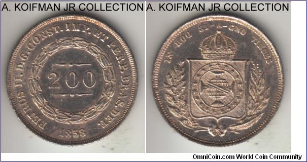 KM-469, 1858 Brazil Empire 200 reis; silver, reeded edge; Pedro II, beads on the crown variety, very nice extra fine with lots of detail however it was cleaned (as frequent of Brazil coins).