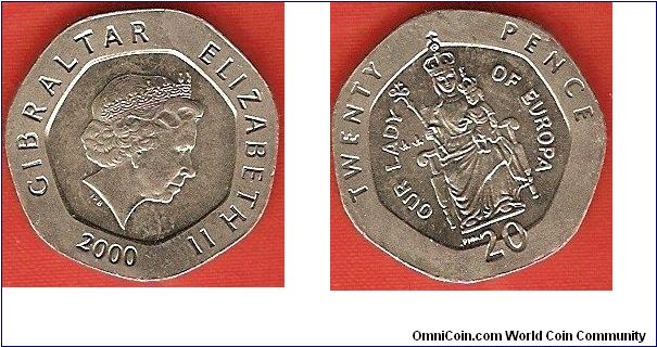 20 pence
small size
Our Lady of Europa
Elizabeth II by Ian Rank-Broadley
copper-nickel