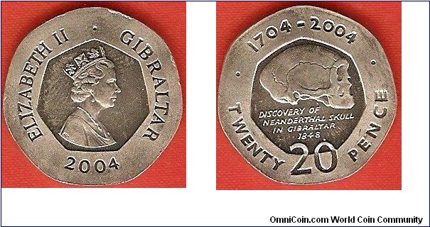 20 pence
small size
Tercentenary of British rule
Discovery of Neanderthal skull in Gibraltar 1948
Elizabeth II 
copper-nickel
