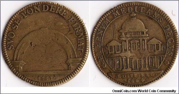 a hybrid (mule) jeton which has the obverse of a `stock' jeton dated 1663, and a reverse of the`Batimens du Roi' series and dated 1664. The image shows the frontage of the Val De Grace in Paris.