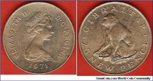 25 new pence (=1 crown)
Barbary Ape
Elizabeth II by Arnold Machin
copper-nickel