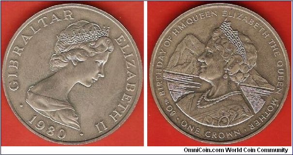 1 crown
80th birthday of H.M. Queen Eiizabeth the Queen-Mother
Elizabeth II by Arnold Machin
copper-nickel
