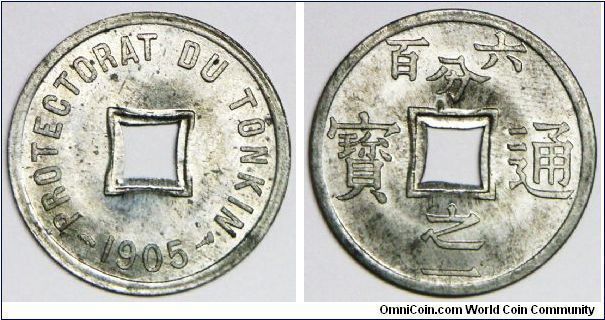 Tonkin, French Protectorate, Milled Coinage, 1/600 Piastre, 1905. 2.1g, Zinc, 25mm. Obv.: Legend around square center hole. Rev.: Value above & below, 'Thong-bao' at left & right. France assumed sovereignty over all of Vietnam after the Sino-French War (1884-1885). The French colonial government then divided Vietnam into 3 different administrative territories. They named the territories: Tonkin (in the north), Annam (in the center) & Cochinchina. Gem Brilliant UNC. Scarce in this condition.
