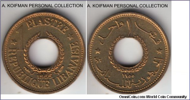 KM-19, 1955 Lebanon piastre, Paris mint; aluminum-bronze, plain edge; red uncirculated.