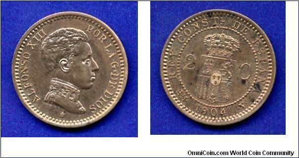 2 cantimos.
Alfonso XIII (1885-1931).
Profile on the right.
'V'- Valencia mint.


Br.