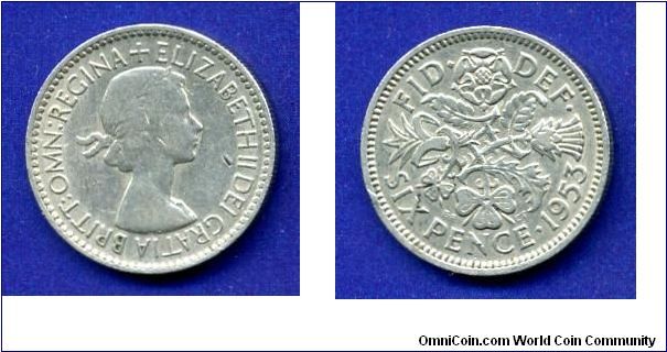 6 pence.
Elizabeth II Dei Gratia Britt: Omn: Regina+.

1-st issue of coins after the coronation.


Cu-Ni.