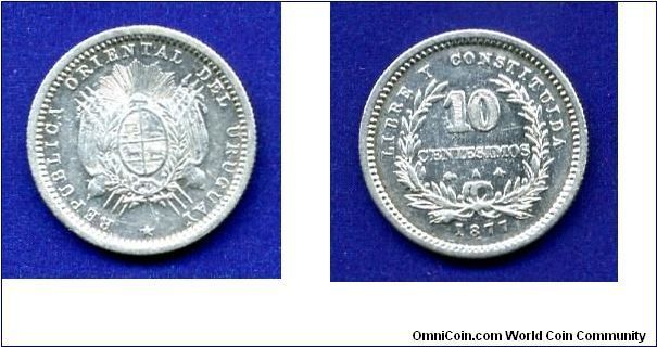 10 centesimos.
Republica Oriental Del Uruguay.
'A'- Paris mint.
Mintage 3,000,000 units.


Ag900f. 2,5gr.