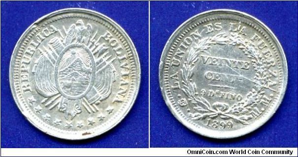 20 centavos.
Republica Bolivana.
Wear coinage stamp.
(PTS)- Potosi mint.


Ag900f. 4,6gr.