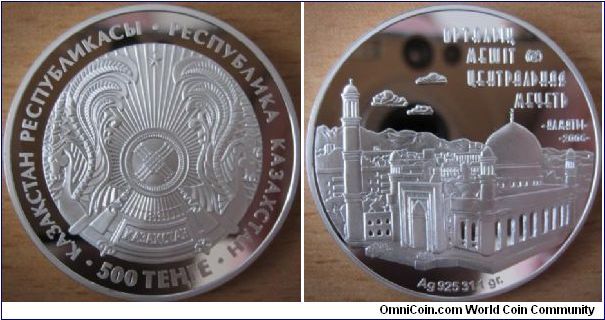 500 Tenge - Central mosque - 31.1 g Ag .925 Proof - mintage 4,000