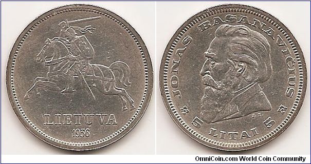 5 Litai
KM#82
9.0000 g., 0.7500 Silver 0.2170 oz. ASW, 27 mm. Obv: National arms Rev: Head left, TAUTOS GEROVE TAVO GEROVE Note: Designer's initials below bust.