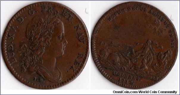 nice copper jeton dated 1717 issued for the French Galleys (Les Galeres).
