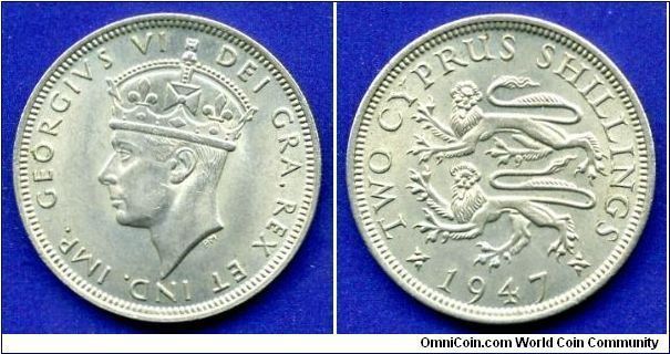 2 Cyprus Shillings.
George VI (1936-1952) Dei Gratia Rex Et Ind. Imp.
Mintage 720,000 units.


Cu-Ni.