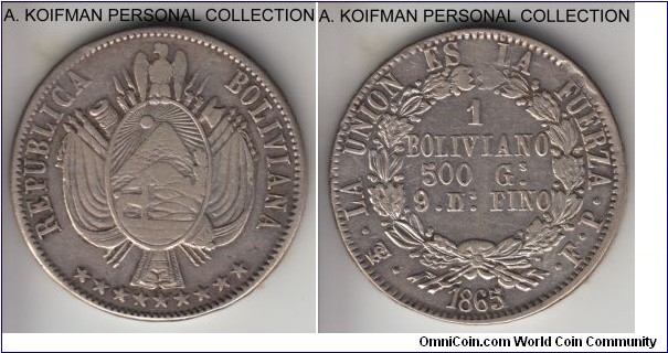 KM-152.1, 1865 Bolivia boliviano; silver, raised lettered edge; the vaiety with 1865/1 overdate and also reverse D over inverted D in denomination; raised edge instription BOLIVIA LIBRE E INDEPENDENTE 1825; appears to be good fine to about very fine.