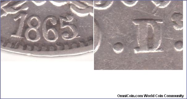 Details for the below 1865 boliviano - 5 over 1 in the date (left) and normal over reverse D (right).