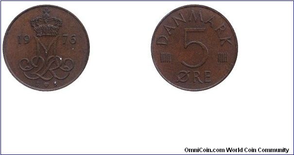 Danmark, 5 öre, 1976, Cu-Steel.                                                                                                                                                                                                                                                                                                                                                                                                                                                                                     