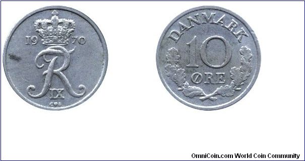 Denmark, 10 öre, 1970, Cu-Ni, Sign of Frederik IX.                                                                                                                                                                                                                                                                                                                                                                                                                                                                  