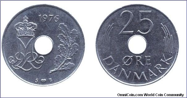Denmark, 25 öre, 1976, Cu-Ni, holed, Sign of Margrethe II.                                                                                                                                                                                                                                                                                                                                                                                                                                                          