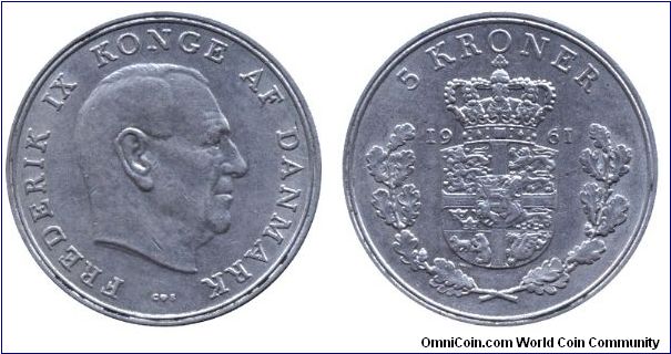 Denmark, 5 kroner, 1961, Cu-Ni, Frederik IX Konge af Danmark.                                                                                                                                                                                                                                                                                                                                                                                                                                                       