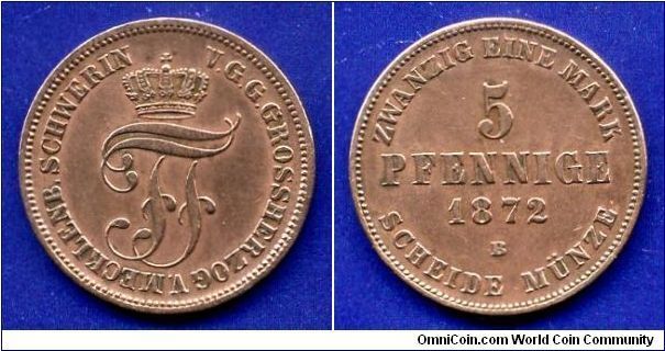 5 pfennige - 1/20 of Mark.
Meklenburg-Schwerin.
Friedrich Franz II (1842-1883).
First editions of decimal coinage.


Cu.