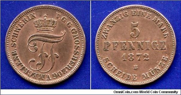 5 pfennige - 1/20 of Mark.
Meklenburg-Schwerin.
Friedrich Franz II (1842-1883).
First editions of decimal coinage.


Cu.