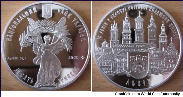 10 Hryvnias - 10 years of entry of city of Lviv in the UNESCO World heritage list - 33.74 g Ag 925 Proof - mintage 5,000
