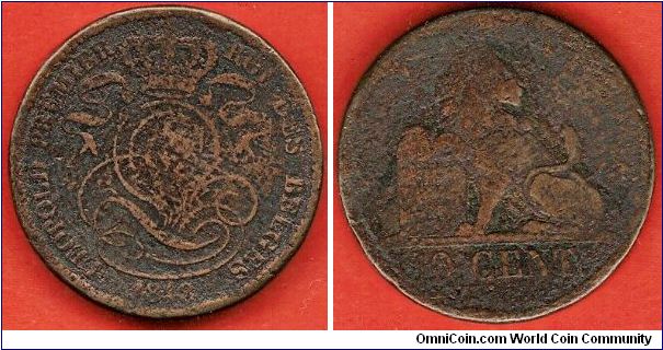 10 centimes
crowned initials of Leopold I and legends: Leopold Premier Roi des Belges (= Leopold the First, king of the Belgians)
Belgian lion holding the Constitution
copper
mintage 777,000
