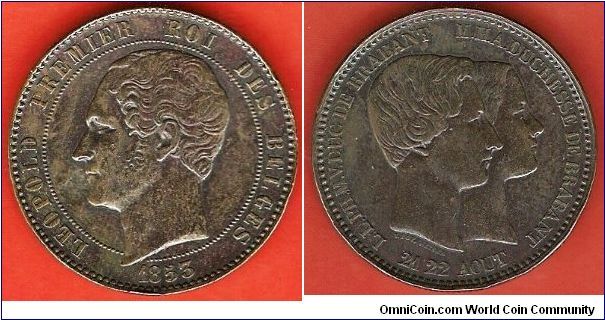 Medallic issue (10 centimes)
Marriage of Leopold, duke of Brabant (the later king Leopold II) with Maria Henrietta, archduchess of Austria on 21 and 22 August 1853
Leopold I, king of the Belgians
copper
mintage 104,000