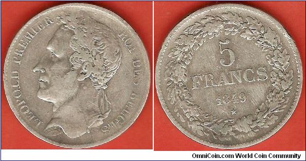 5 francs
Leopold I King of the Belgians, laureate head
0.900 silver