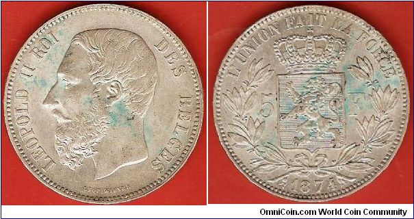 5 francs
Leopold II, King of the Belgians
L'Union fait la force (= Unity is strength)
0.900 silver, some verdigris