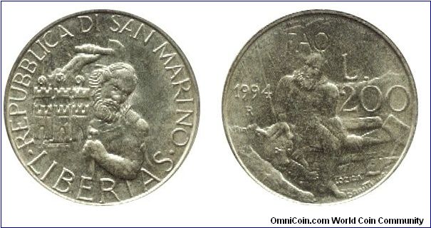 San Marino, 200 liras, 1994, Al-Bronze, Man and Tame Bear.                                                                                                                                                                                                                                                                                                                                                                                                                                                          