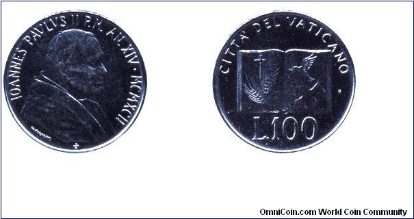 Vatican City, 100 liras, 1992, Steel, Joannes Paulus II., Open Book.                                                                                                                                                                                                                                                                                                                                                                                                                                                