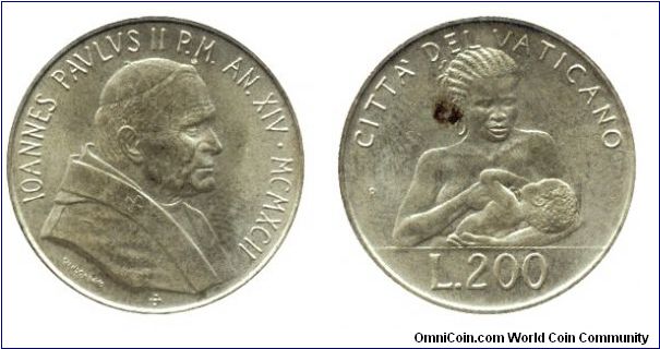 Vatican City, 200 liras, 1992, Al-Bronze, Joannes Paulus II., Mother nursing Child.                                                                                                                                                                                                                                                                                                                                                                                                                                 