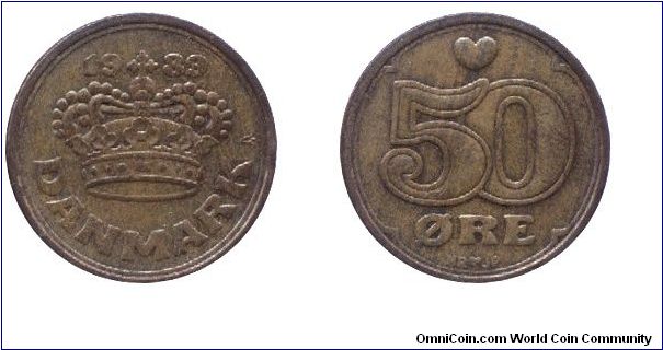 Denmark, 50 öre, 1989, Bronze.                                                                                                                                                                                                                                                                                                                                                                                                                                                                                      