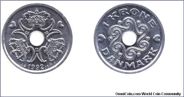 Denmark, 1 krone, 1992, Cu-Ni, holed, he obverse of the coin depicts the Queen's monogram in a new artistic design for the coin. The monogram is reproduced three times, interlinked by three crowns.                                                                                                                                                                                                                                                                                                               