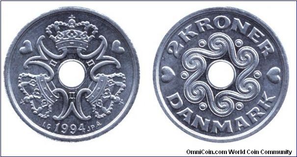 Denmark, 2 kroner, 1994, Cu-Ni, holed, Sign of Margrethe II.                                                                                                                                                                                                                                                                                                                                                                                                                                                        