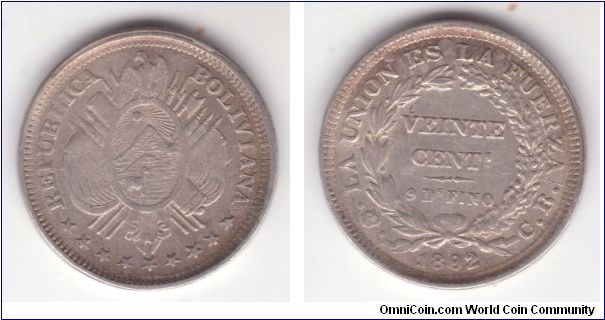 KM-159.2, 1892/82 Bolivia 20 centavos, silver overdate with badly rolled edge, most of it is flat due to either misalignment or work out reeding mechanisms; good very fine to about extra fine.