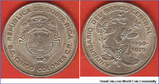 5 colones
Banco Central de Costa Rica (B.C. - C.R.)
25th anniversary of Central Bank
nickel