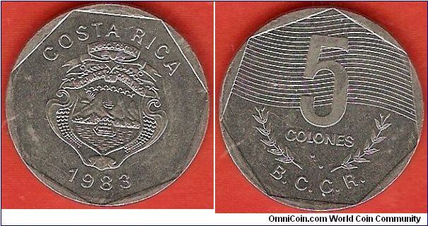 5 colones
Banco Central de Costa Rica (B.C.C.R.)
stainless steel
letters in relief on ribbon