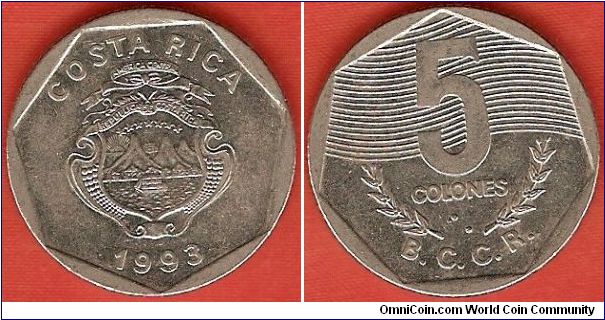 5 colones
Banco Central de Costa Rica (B.C.C.R.)
nickel-clad steel