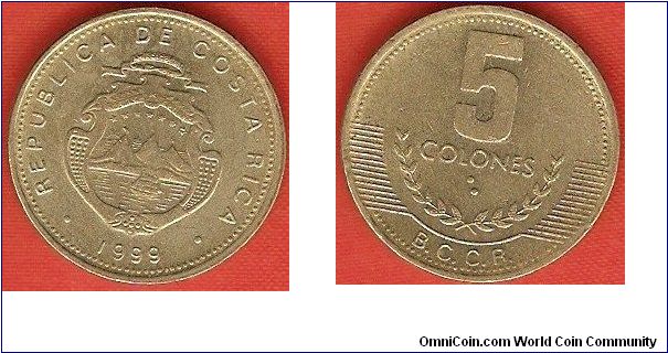 5 colones
Banco Central de Costa Rica (B.C.C.R.)
brass
small letters in legend