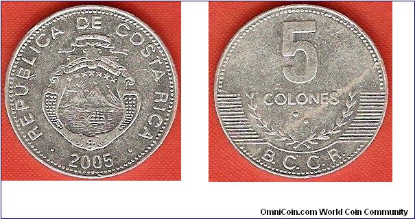 5 colones
Banco Central de Costa Rica (B.C.C.R.)
aluminum