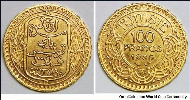 French Protectorate (1881-1955), Ahmad Pasha Bey (1929-1942), Decimal coinage, 100 Francs, AH1354/1935a. 6.55g, 0.9000 Gold, .1895 Oz. AGW. Obv.: Inscription within oblong design flanked by sprigs. Obv. Legend: AHMAD. Rev.: Value and date within center circle of design. Edge: Moon and stars. Mint: Paris. Mintage: 3,000 units. AU+ to UNC. Scarce. This coin is seriously undervalued in Krause.