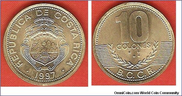 10 colones
Banco Central de Costa Rica (B.C.C.R.)
brass
shield outlined