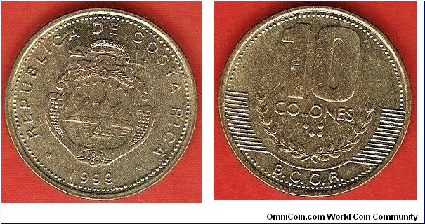 10 colones
Banco Central de Costa Rica (B.C.C.R.)
brass
smaller letters
